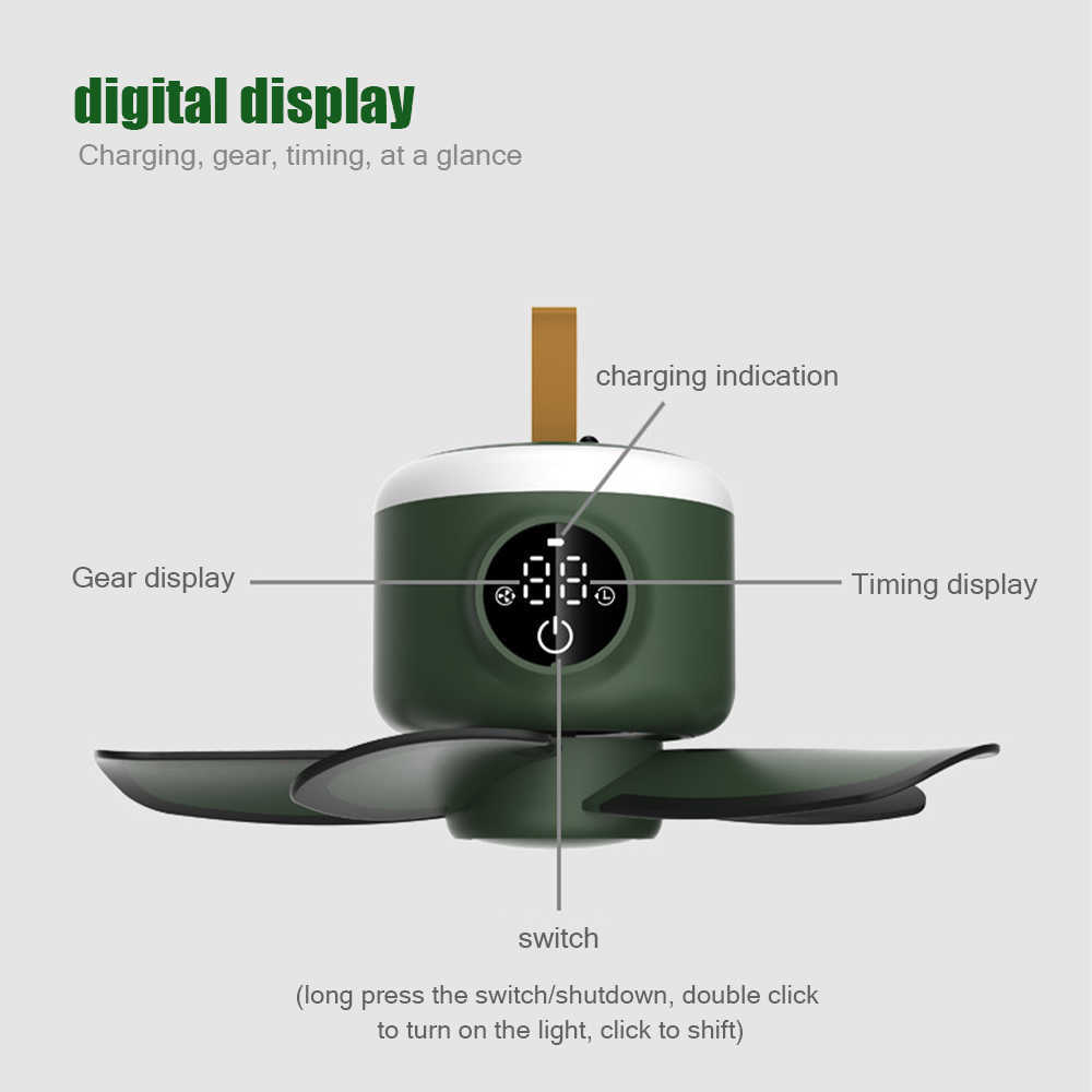 Neuer kabelloser Campingventilator, tragbar, 8000 mAh, wiederaufladbar über USB, mit LED-Lampe, 4 Gänge, Fernbedienung, Timing, elektrischer Deckenventilator