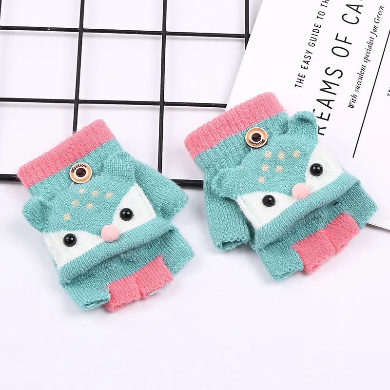 Winter Children Warm Half Finger Clamshell Gloves Cute Kids Cartoon Knitted Gloves Baby Glove