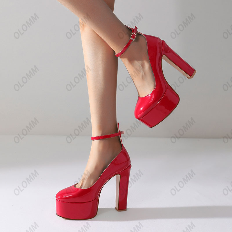 Olmm New Arvival Women Platforme Pumps Patent Chunky Heels Okrągłe palce Wspaniały nagi zielone różowe buty imprezowe kobiety US rozmiar 5-10,5