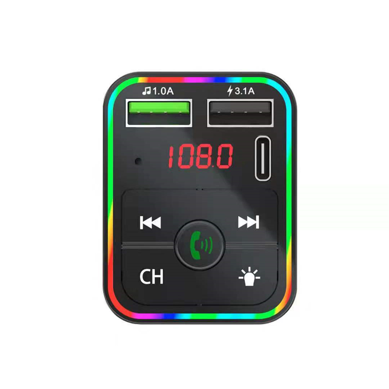 Rainbow LED -autolader FM -zenders F2 BT5.0 Dual USB snel opladen PD Type C Poorten Handsfree Audio Receiver Auto Mp3 -speler voor mobiele telefoons