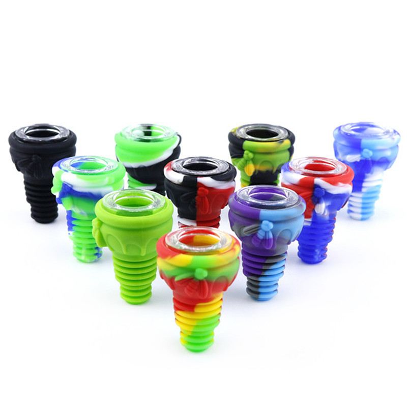 Smoking Colorful Silicone Bubbler 14MM 18MM Male Double Joint Herb Tobacco Filter Glass Nineholes Screen Bowl Oil Rigs Waterpipe Bong DownStem Cigarette Holder DHL