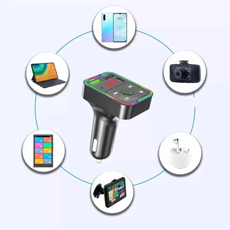 무지개 LED 자동차 충전기 FM 송신기 F2 BT5.0 듀얼 USB 빠른 충전 PD 타입 C 포트 핸즈프리 오디오 수신기 자동 MP3 플레이어 핸드폰