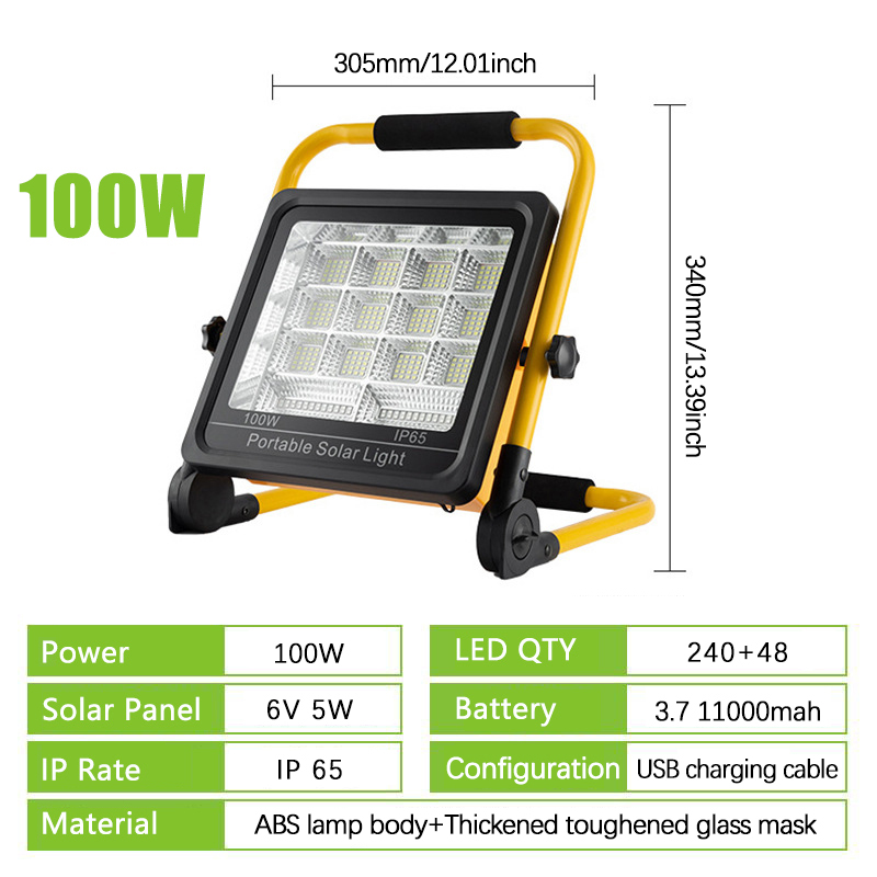 100W Solar Work Light Portable LED Reflector Spotlight USB Rechargeable Projector Floodlight SOS Emergency Camping Light Power Bank