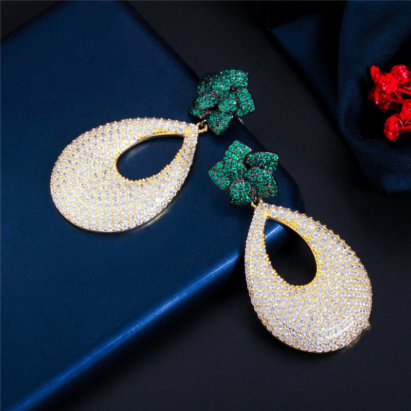 Luxurious Diamond Flower 18K Gold Designer Earring for Woman South American Green Red AAA Zirconia Bride Wedding Engagement Anniversary Earrings Jewelry Gift