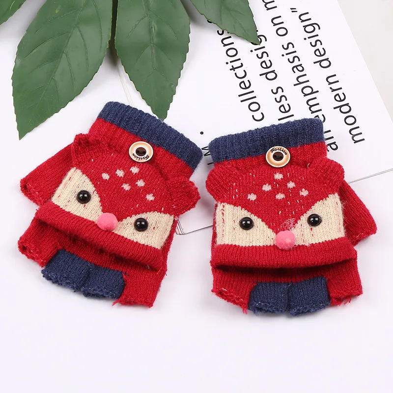 Winter Children Warm Half Finger Clamshell Gloves Cute Kids Cartoon Knitted Gloves Baby Glove