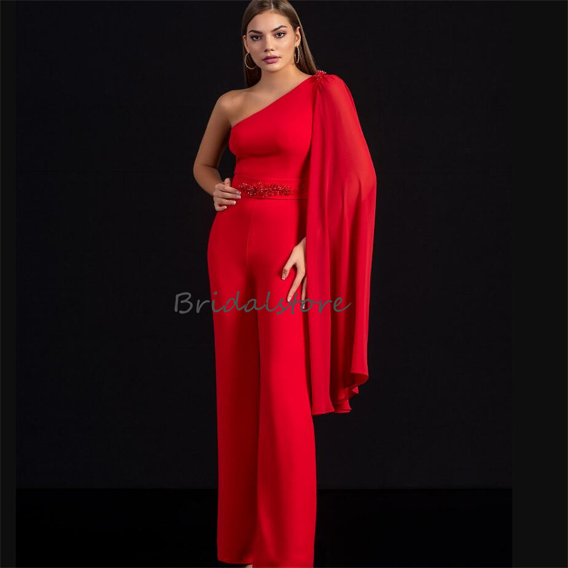 Chic röd jumpsuit prom klänning med pärlor 2023 en axel boho byxa formell kväll kostym elegant satin koreanska fest klänningar ny mantel de soiree vestido de noche damer