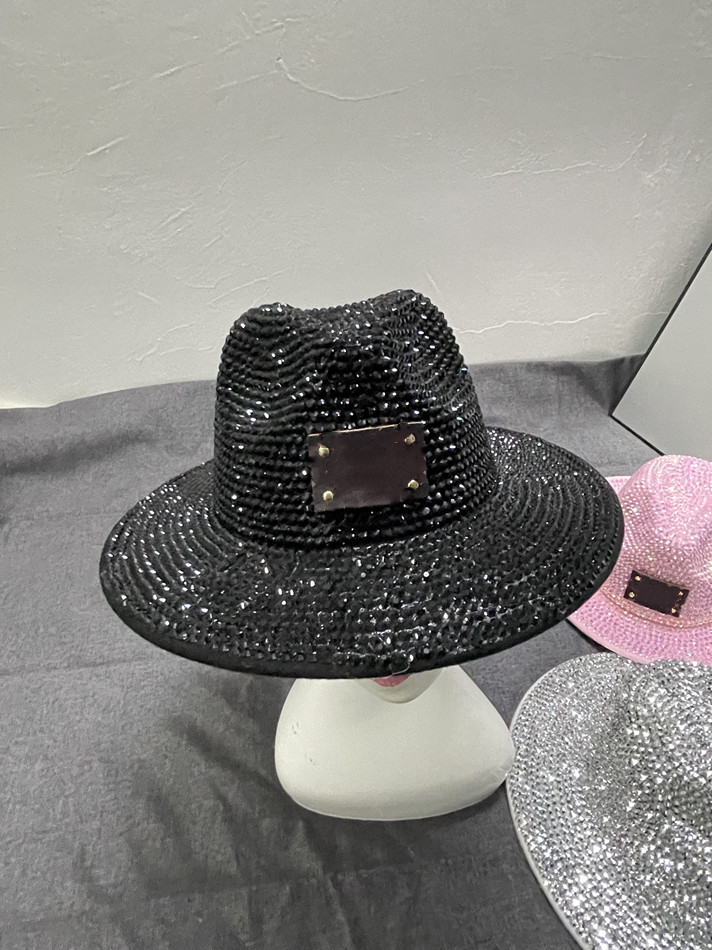 Diamond Black New Lady Straw Hats Letter Adjustable Flat Top Wide Brim Hats Seaside Vacation Beach Cap