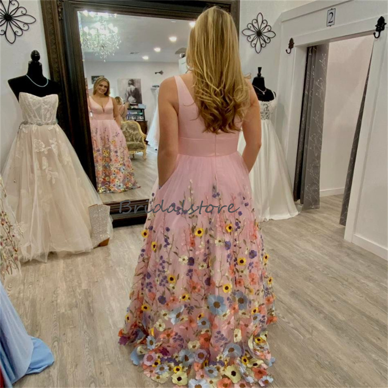 Neues 3D-Blumen-Abschlussballkleid mit bunten Blumen, A-Linie, rosa, bodenlanges Abendkleid, eleganter langer formeller Partyrock, Anlässe, Zeremonie, Vestidos de Noche 2023