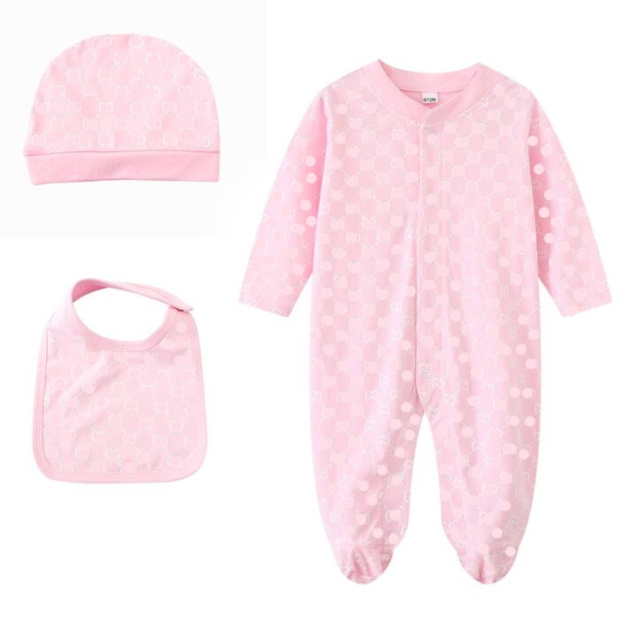 Ensembles Pour Bébé Marque Barboteuses Lettres Imprimé Nouveau-Né À Manches Longues Combinaisons Avec Bavoirs Chapeaux Printemps Automne Toddler Onesies Infant One-Piece Enfants Vêtements