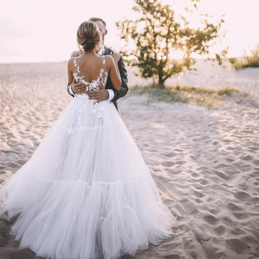 2023 Vestidos de noiva Apliques de renda Top Top Bridal GOWNS Backless Sheer Straps Beach Plus Tamanho Vestido de vestido de noiva Robes de Soiree Mariee