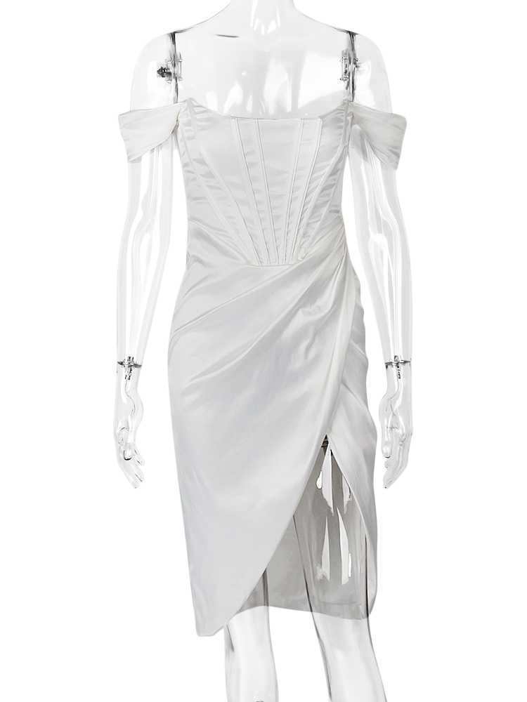 Haute qualité épais Satin désossage Corset fête de mariage robe blanche élégante épaules nues drapée célébrité fendue robe Midi