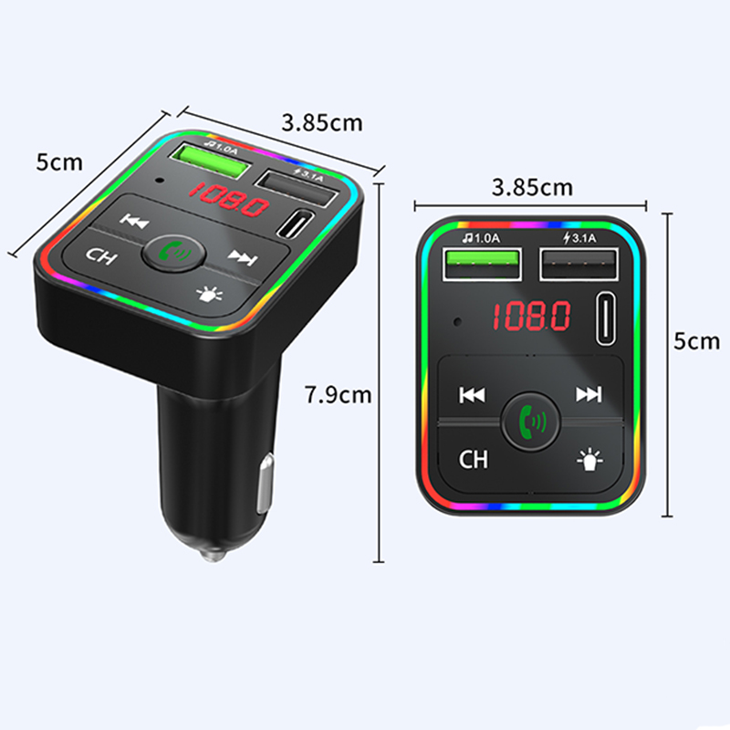 무지개 LED 자동차 충전기 FM 송신기 F2 BT5.0 듀얼 USB 빠른 충전 PD 타입 C 포트 핸즈프리 오디오 수신기 자동 MP3 플레이어 핸드폰