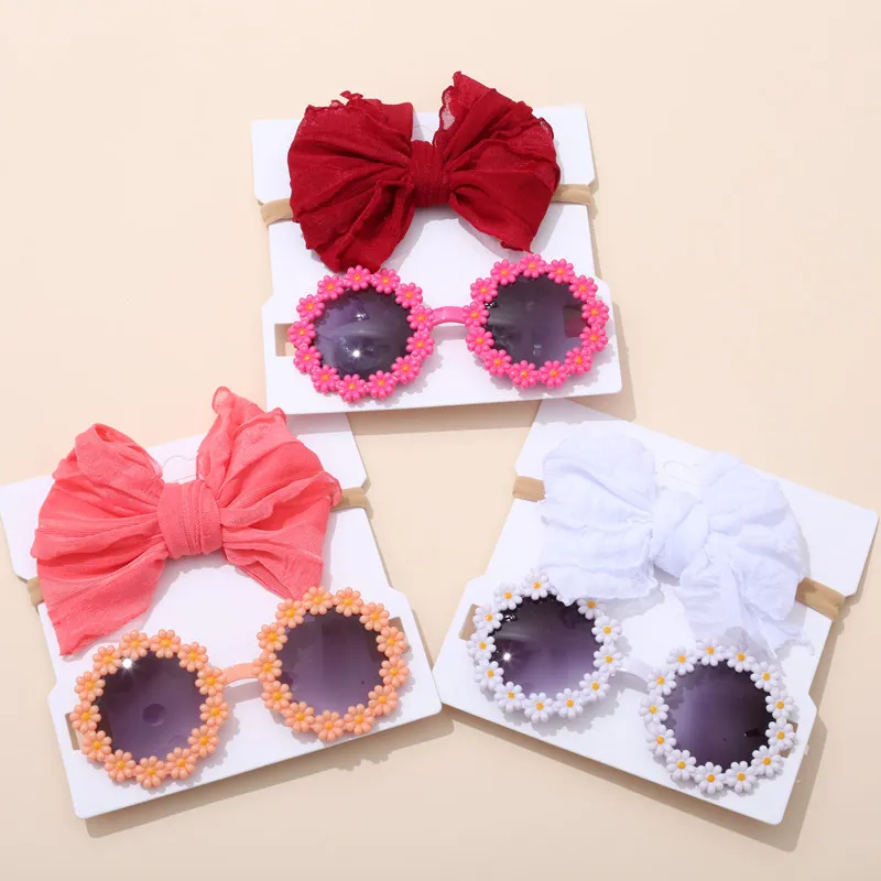 Children Sunglass Headband Set Cartoon Kids Baby Toy Sun Shading Glasses Lace Bowknot Hairband Headdress