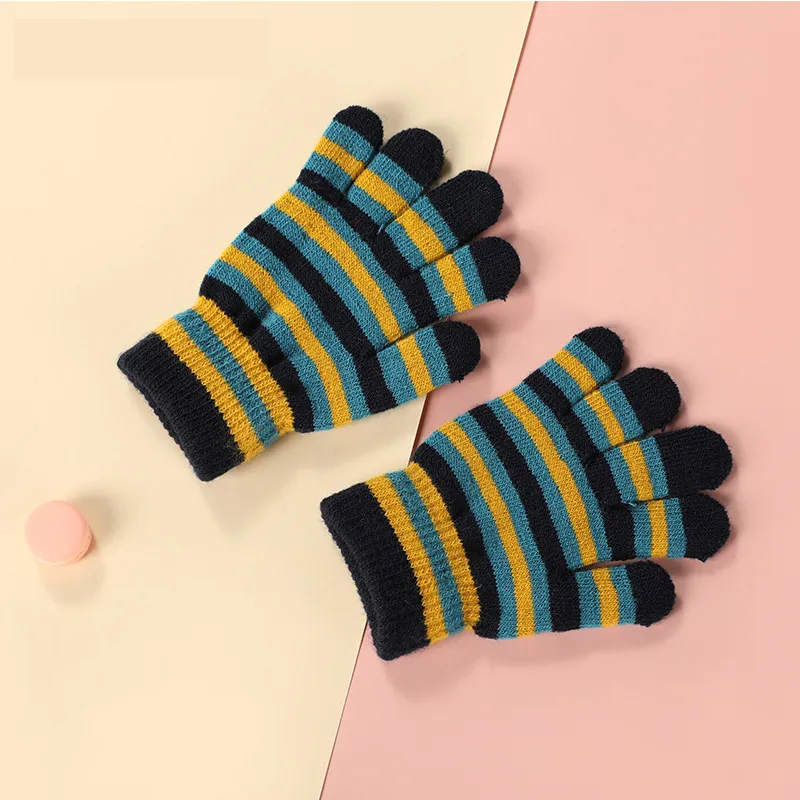 Children Knitted Gloves Winter Warm Kids Boys Girls Stripe Finger Gloves