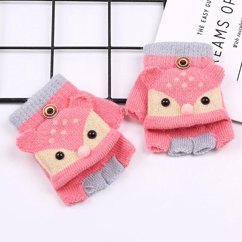 Winter Children Warm Half Finger Clamshell Gloves Cute Kids Cartoon Knitted Gloves Baby Glove