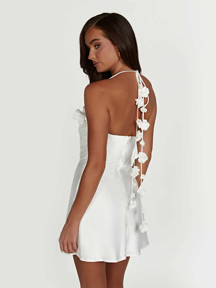 Dos nu fleur licou Satin Mini robe femmes Club nuit tenues blanc dames fête courte robe Sexy