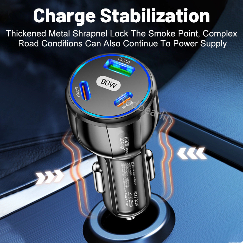90W 3Ports PD USB-C QC3.0 Car Charger Fast Quick Charging USB Power Adapters For IPhone 12 13 14 Samsung Android phone pc mp3