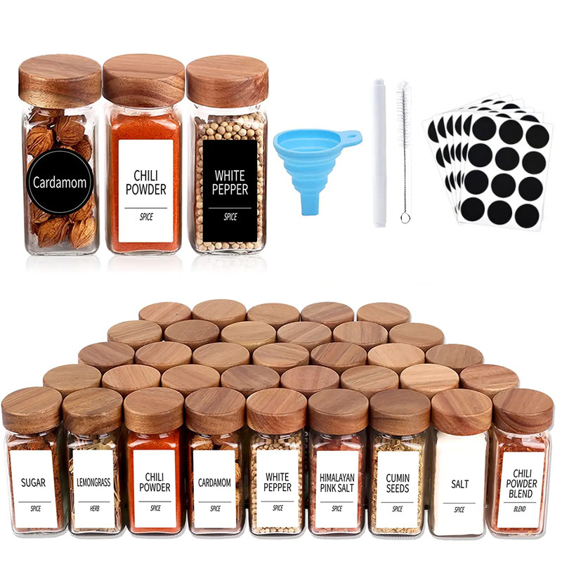 Utensilios de cocina Frascos de especias Hierba Especias Herramientas Organizador 120ML 4 oz Frascos de especias de vidrio cuadrados con tapas Botellas de almacenamiento de condimentos