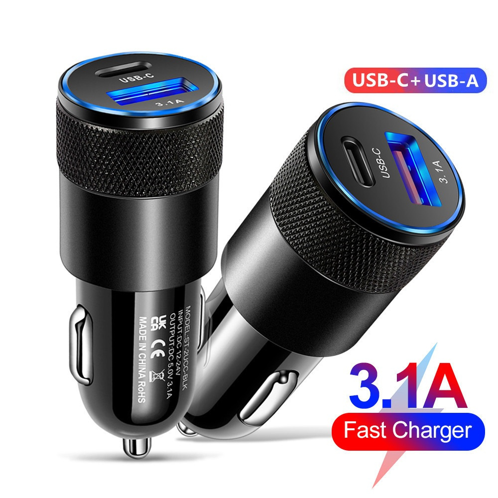 Chargeur de voiture USB C 3.1A 15W USB avec adaptateur allume-cigare en alliage d'aluminium PD chargeur rapide chargeur de remplacement automatique de voiture pour iphone 12 13 14 15 Samsung GPS PC