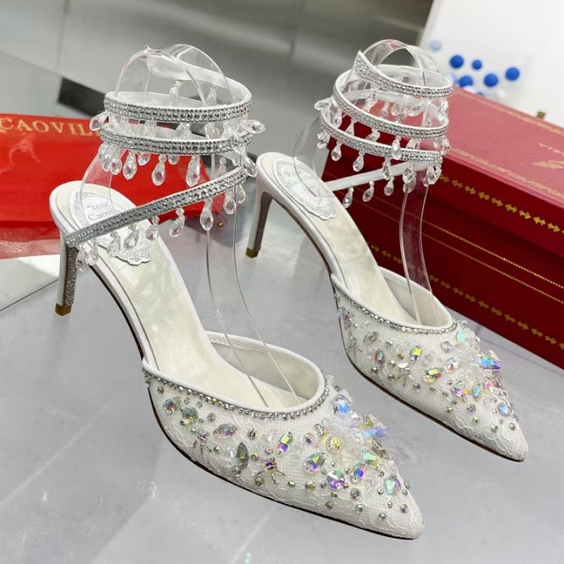 Sandalen met hoge hakken, Strass schoenen en enkels gewikkeld in Gao Xi bruiloft kristal puntige luxe designer mode 7,5 cm RC Cleo Rene Caovilla met box ball damesjurk