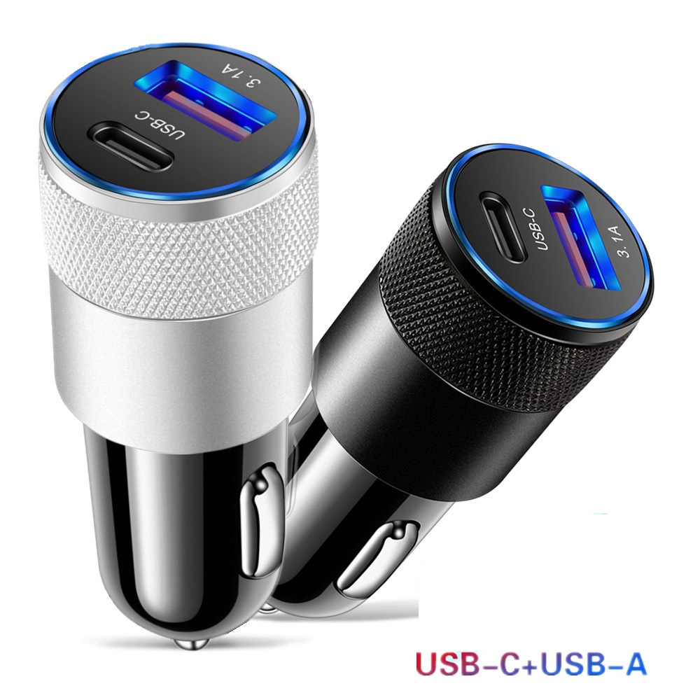 3.1A 15W PD ACRAGER CAR ALUMONIUM Aluminium سبيكة ولاعة سجائر محول سريع شاحن USB-C TYPE C CAR CAR Auto Charger for iPhone 12 13 14 15 Samsung S22 HTC LG GPS