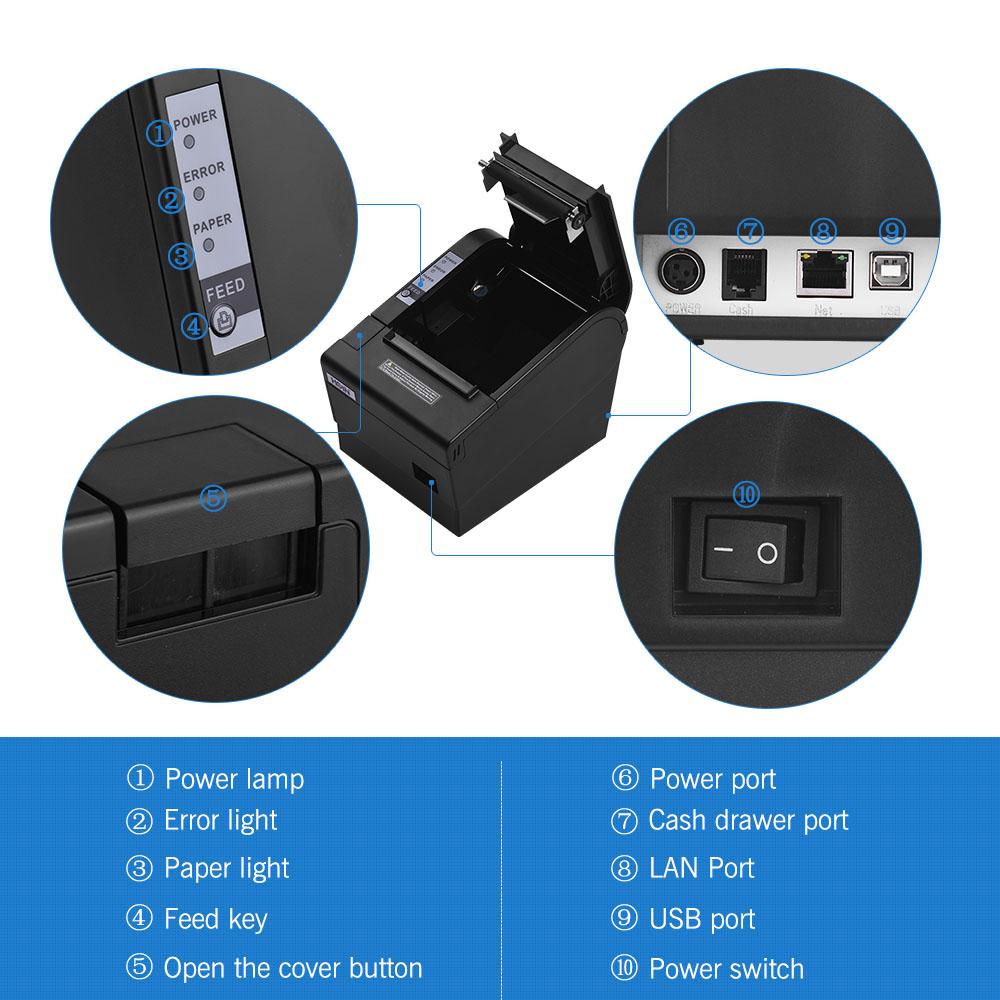 Drucker Hoin 80mm Thermal -Quittungsdrucker mit Autoschneider USB -Ethernet -Schnittstellen -Ticket -Ticket -Druck kompatibler ESC/POS -Print -Befehle