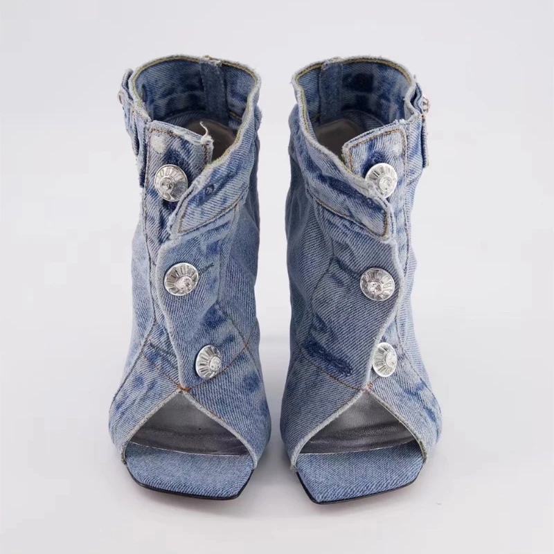 2023 Summer New Wash Denim Vintage Fashion Slim High Heel Women Sandaler European och American Fashion Show Shoes