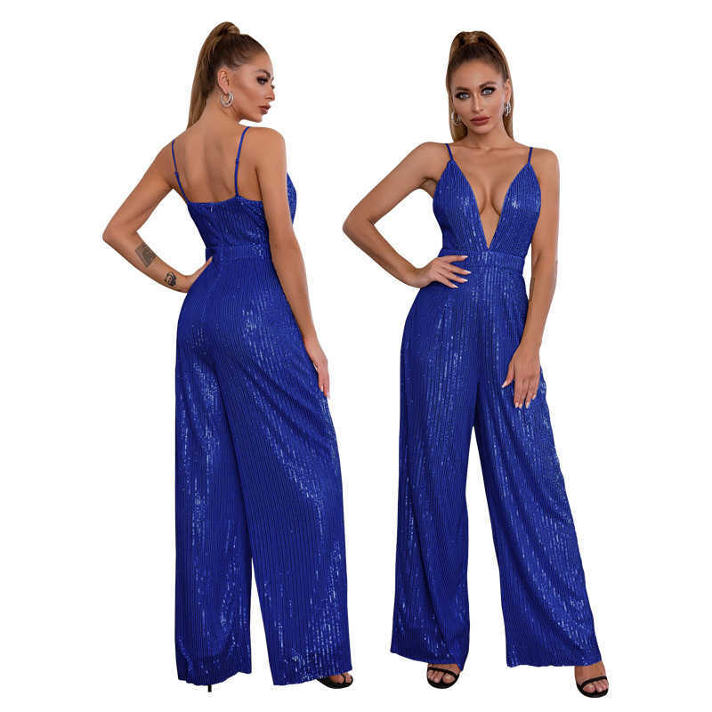 sequins one piece jumpsuit women spaghetti strap deep v neck club wear jumpsuits