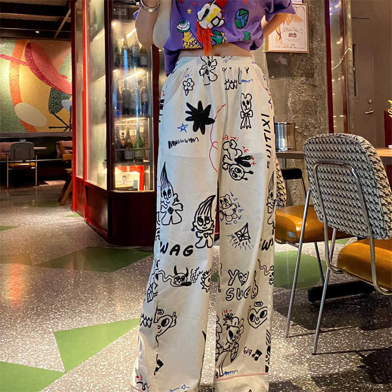 

luxury pants for womens fashion high-end custom cartoon graffiti print wide leg casual pants high waist loose trousers designer women clothi, Black;white