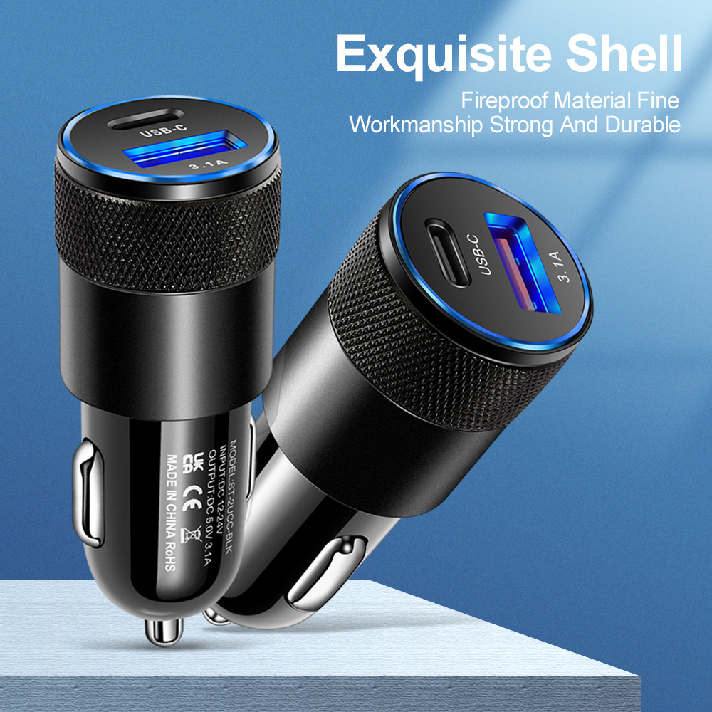 3.1A 15W PD ACRAGER CAR ALUMONIUM Aluminium سبيكة ولاعة سجائر محول سريع شاحن USB-C TYPE C CAR CAR Auto Charger for iPhone 12 13 14 15 Samsung S22 HTC LG GPS