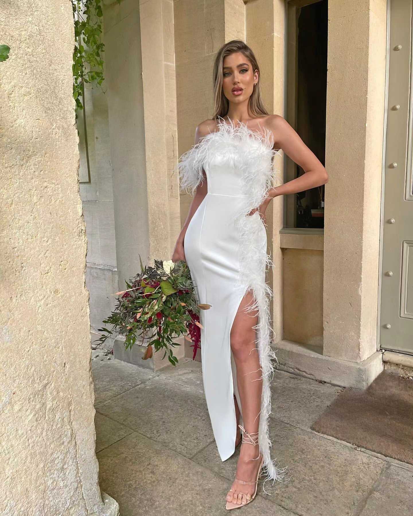 2022 spring and summer new European and American fashion feather stitching slit asymmetric dress evening dress Vestidos