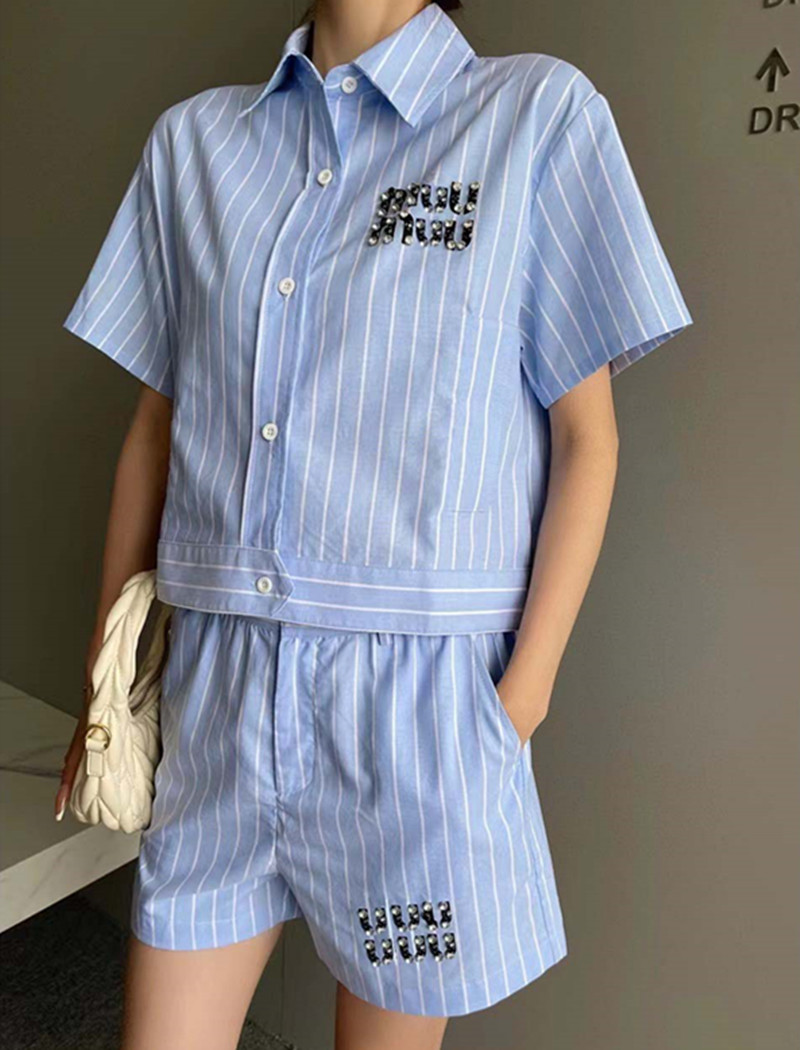 Women T Shirt Shorts Set Blue Letter Striped Blouse Short Outfit INS Summer Casual Tops Set