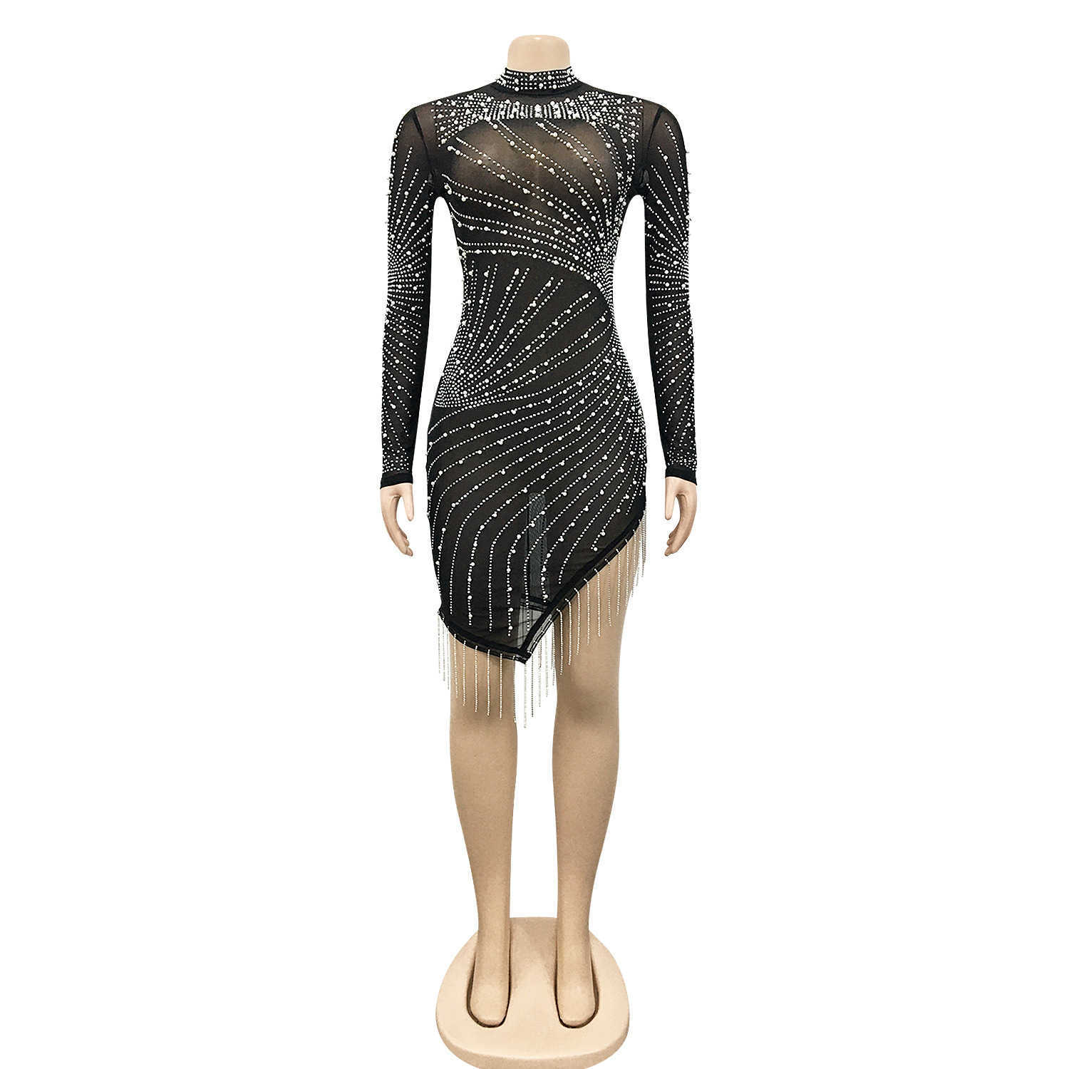 2022 été transparent maille diamants robe femmes mince élastique Mini robes gland dame Club fête nuit tenue Vestidos