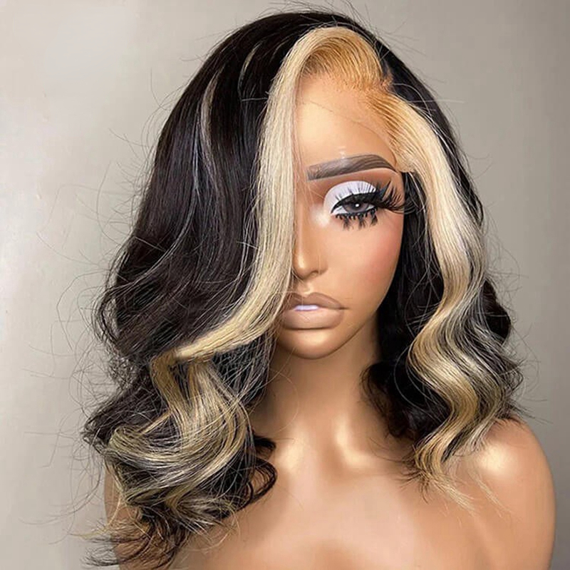 180Density Peruvian Short Blonde Lace Front Human Hair Bob Wig Body Wave Highlight Colored Synthetic Lace Frontal Wigs For Women