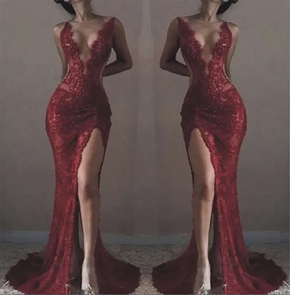 Sexy Red Spaghetti Full Lace Mermaid Prom Dress Vintage Open Back Beaded Formal Evening Gown Long Plus Size Party Bridesmaid Dress Gowns