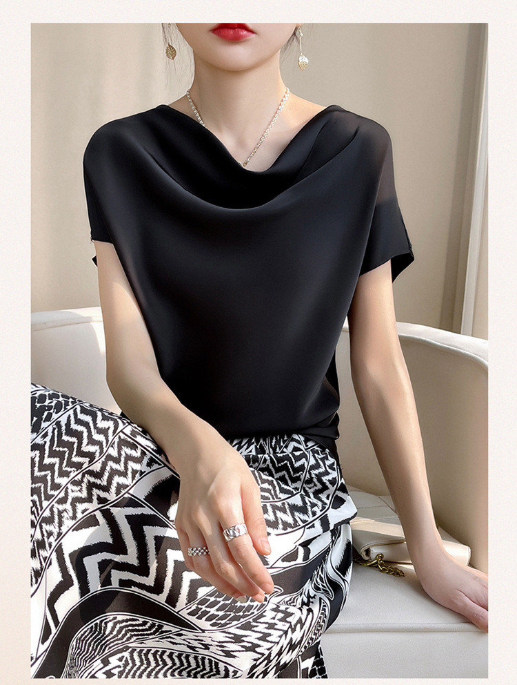 フレンチネックシルク2023夏の新しい女性のフレンチネックショートテンペアメントサテンTシャツシンプルな汎用半袖トップファッションカジュアルシングルウェア