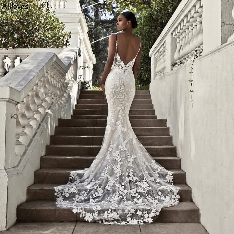 Abiti da sposa a sirena sexy con applicazioni di pizzo floreale senza spalline Abiti da sposa in stile country bohémien senza schienale Abiti da sposa da sposa Abiti da ricevimento nuziale CL2312