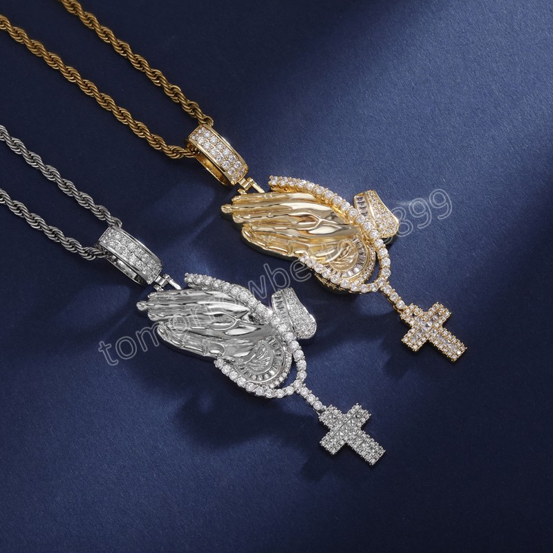 Cubic Zirconia Iced Out Bling Praying Hands Cross Pendenti Collane CZ Hand Of Prayer Charm Uomo Donna Gioielli