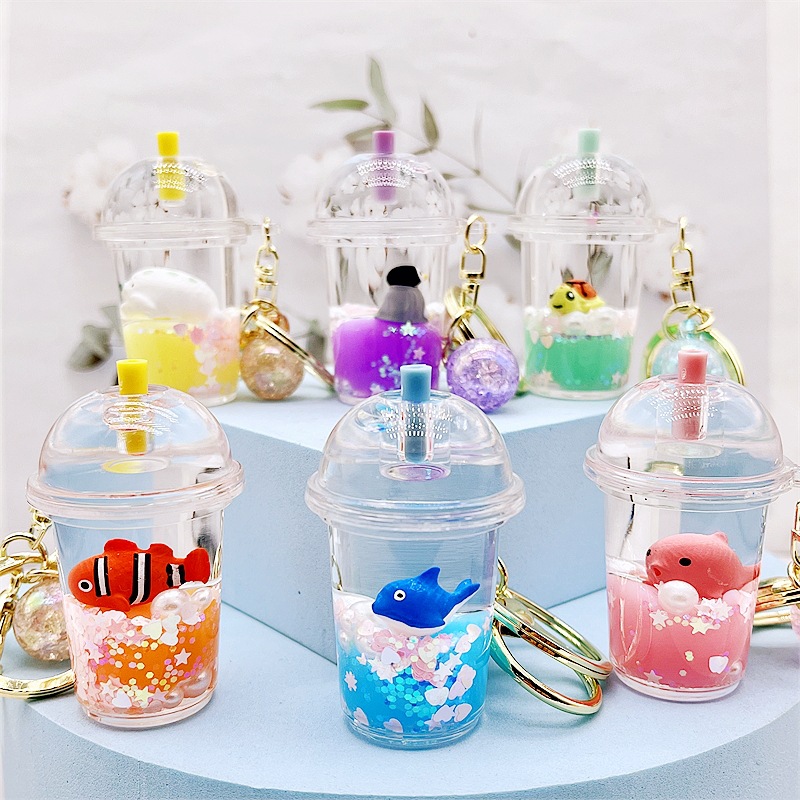 Party Favor Animal Bubble Milk Tea Keychain Creative Mini Coconut Beverage Acrylic Moving Liquid Oil Drop Smyckespresent Dh66