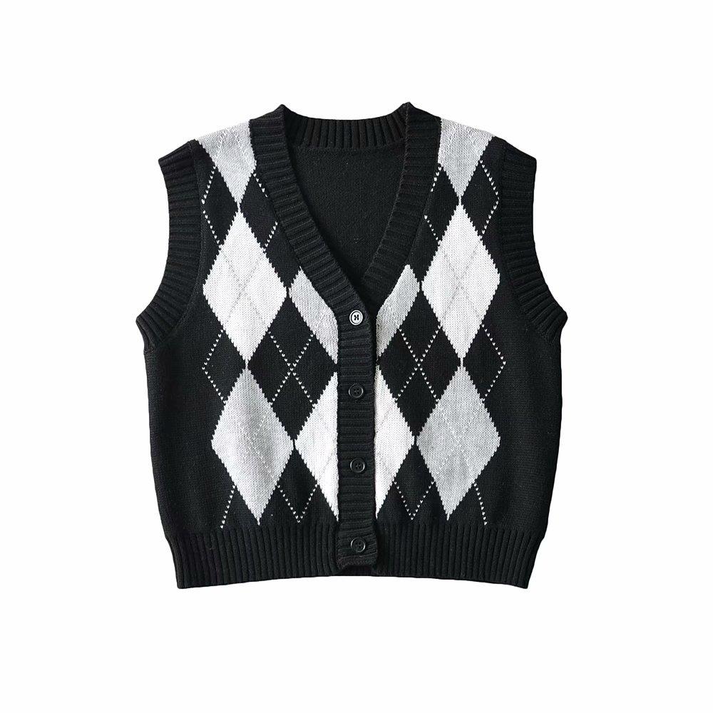 Waistcoats Winter v neck vintage argyle sweater vest women cropped sweater vests korean style kawaii sleeveless knit vest top for women