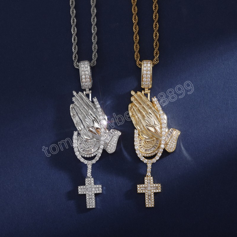 Cubic Zirconia Iced Out Bling Praying Hands Cross Pendenti Collane CZ Hand Of Prayer Charm Uomo Donna Gioielli