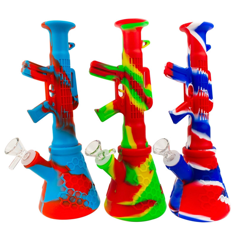 Kleurrijke siliconen rifleegun stijl bong pipes kit bubbler droog kruid tabak glas glazen trechter kom waterpijp draagbare afneembare waterpijp rokende sigarettenhouder buis