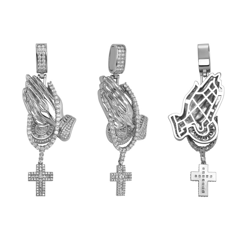 Cubic Zirconia Iced Out Bling Praying Hands Cross Pendenti Collane CZ Hand Of Prayer Charm Uomo Donna Gioielli