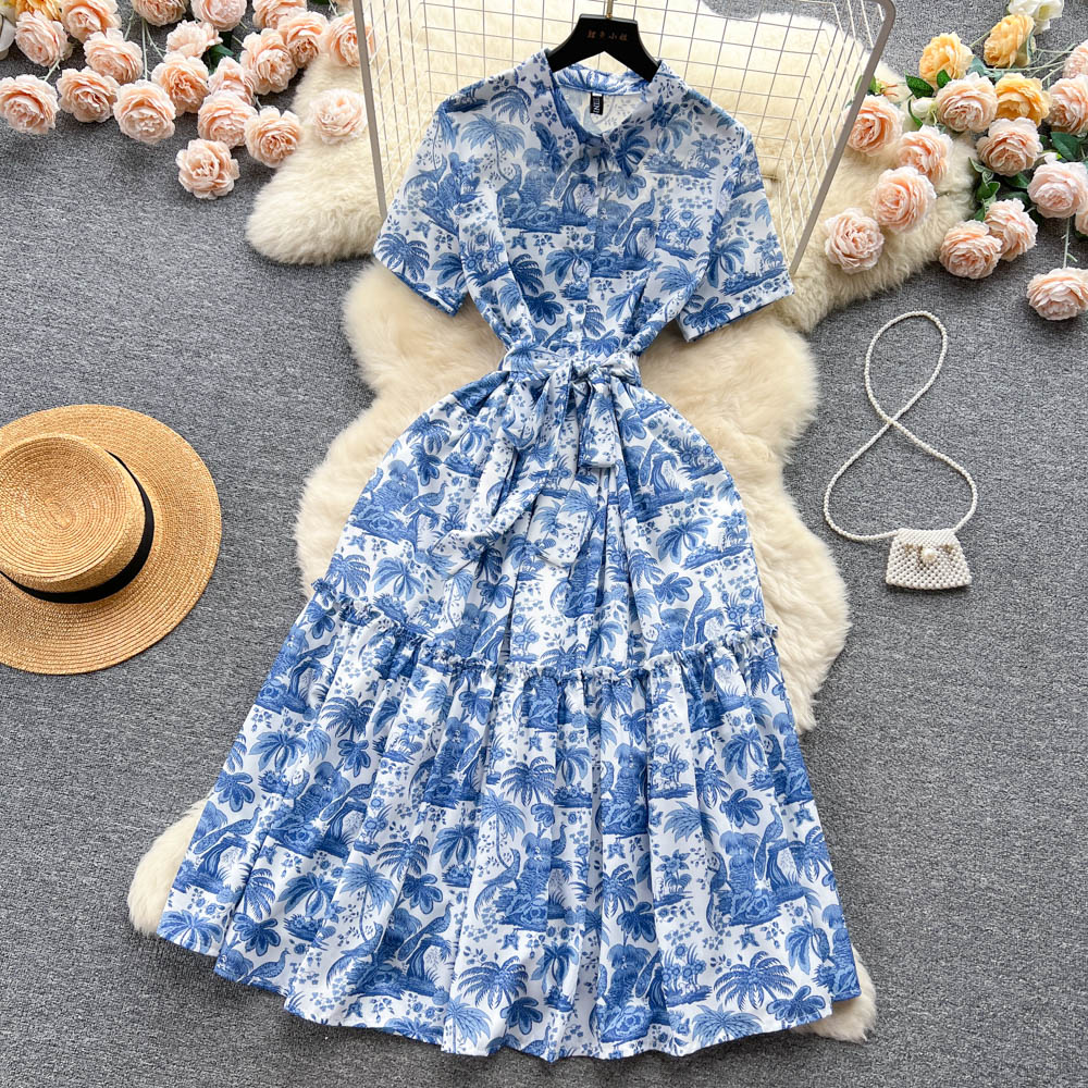 Casual Dresses 2023 A Line Blue Red Fashion New Summer Lady Elegant Crew Pleated Casual Short Sleeve Floral Printed Belt Dresses For Women Party Dresses