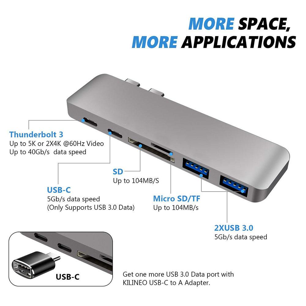 Hubs 6 i 1 Aluminium USB C Hub USB Typ C Hub Adapter Dongle Compatible för MacBook Pro 13 