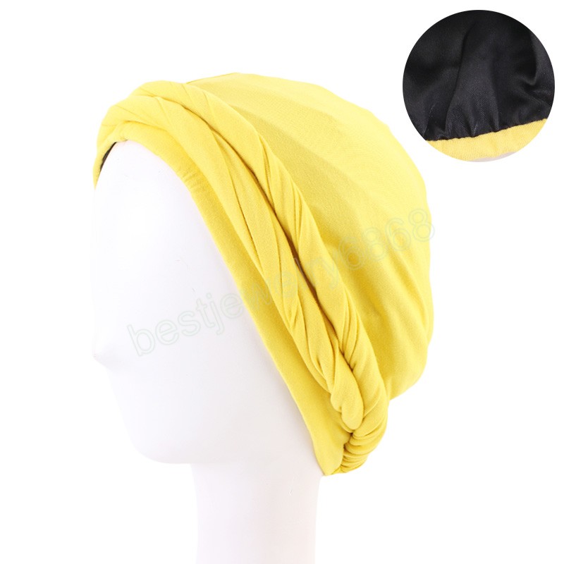 Élastique Turban Chapeau Femmes Twist Head Wraps Modal coton Satin Doublure Extensible Femmes Bandana Indien Cap Do-rag Longues Bretelles