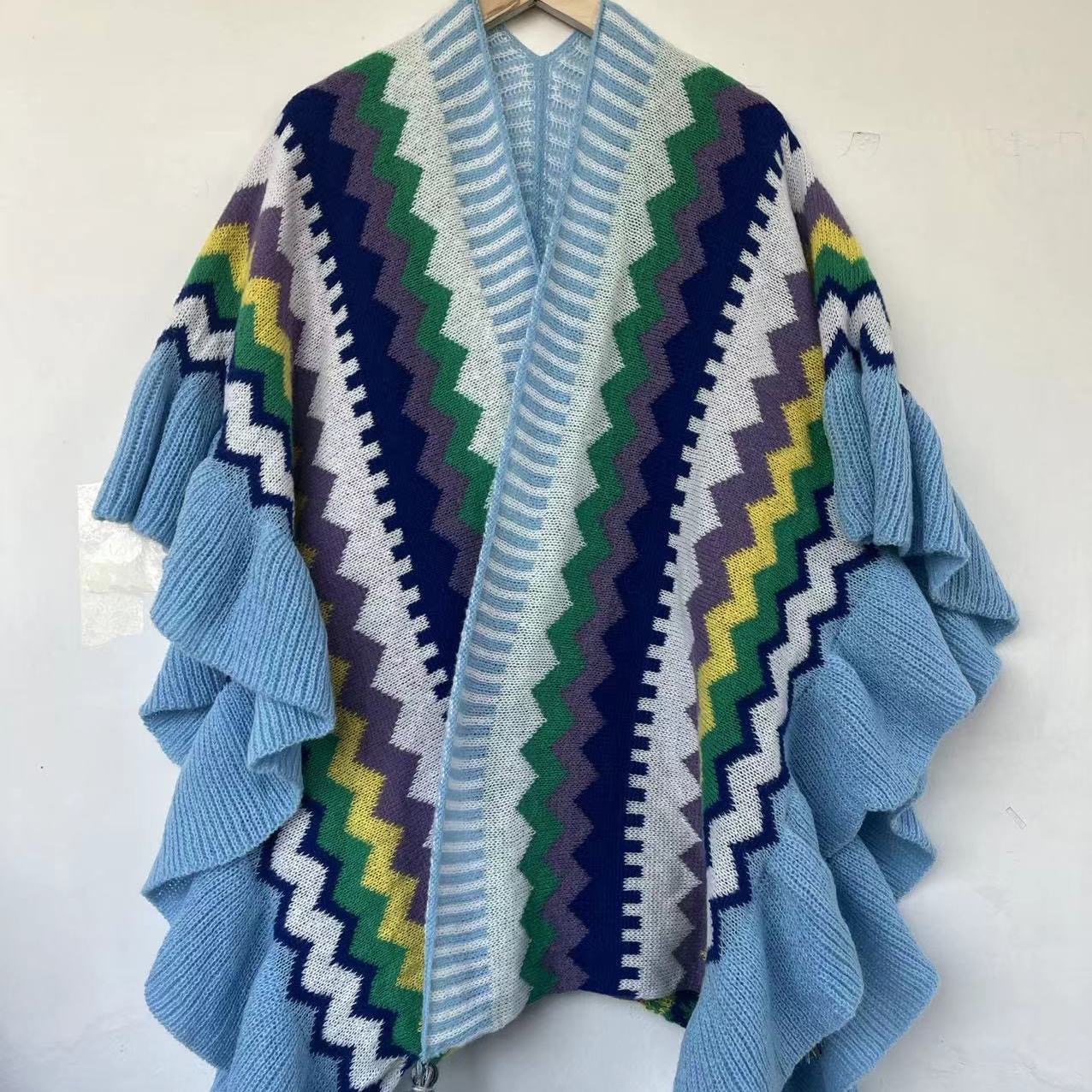 23-Xiaoxiangfeng Knitted Shawl Temperament Ruffle Edge New Cape Scarf Dual Use Long Shawl Overlay