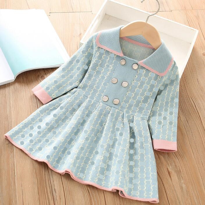 Letters Printed Girls Brand Dresses Autumn Winter Girl Knitted Princess Dress Kids Long Sleeve Dress Children Turn-Down Collar Dresses 2-8 Years