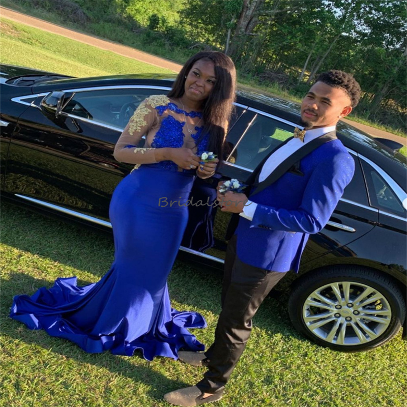 Elegant Royal Blue Prom Dress For Black Girls Long Sleeve Mermaid Gold Lace Evening Gowns 2023 Tight African Birthday Party Wear robe de soiree vestido de noche ladies