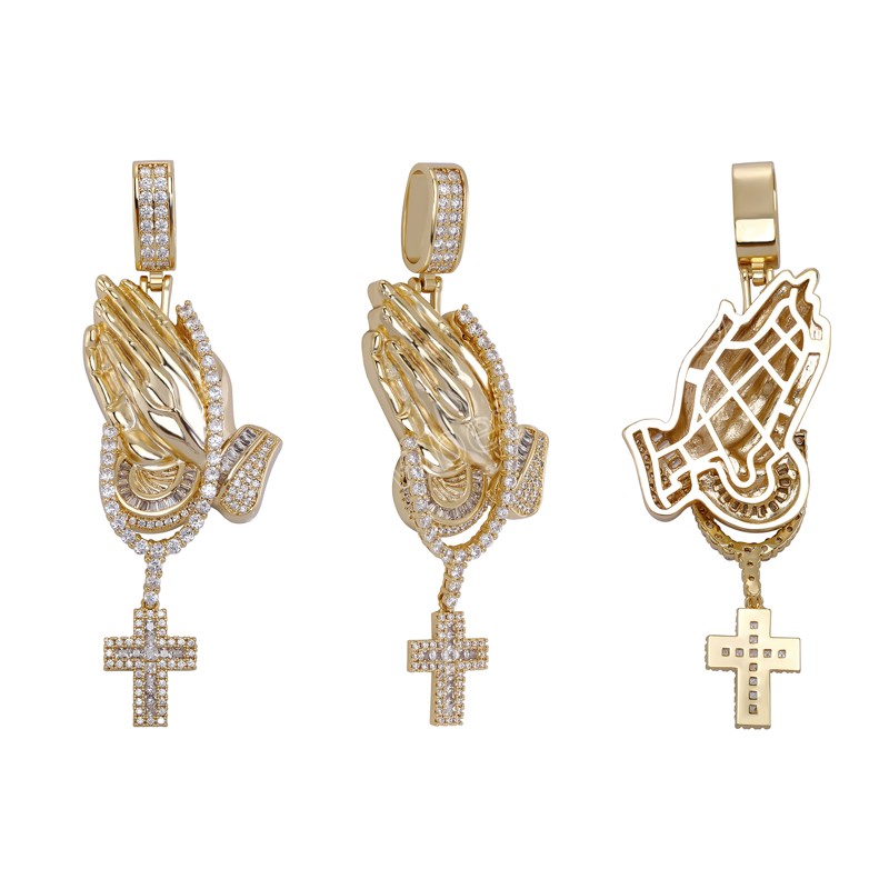 Cubic Zirconia Iced Out Bling Praying Hands Cross Pendenti Collane CZ Hand Of Prayer Charm Uomo Donna Gioielli